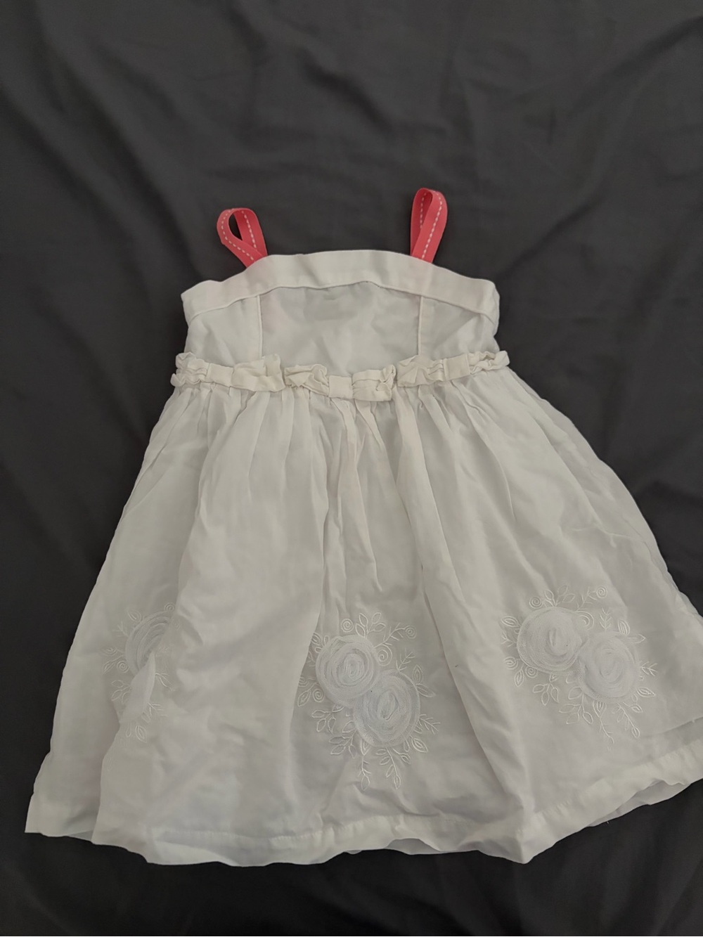 Tahari White Dress with Pink Straps and Floral Embroidery